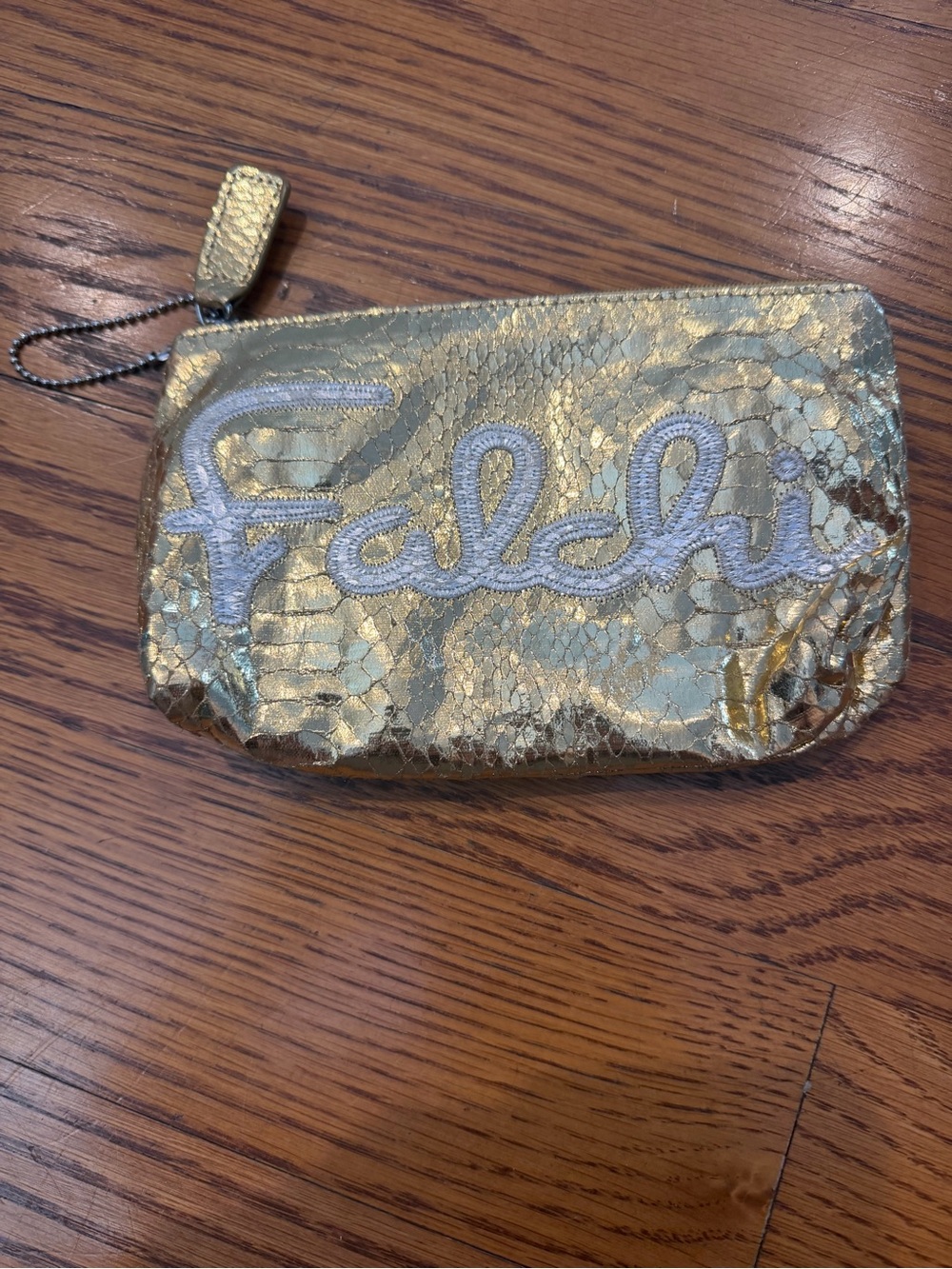 Carlos Falchi Metallic Gold Embroidered Zip Cosmetic Pouch